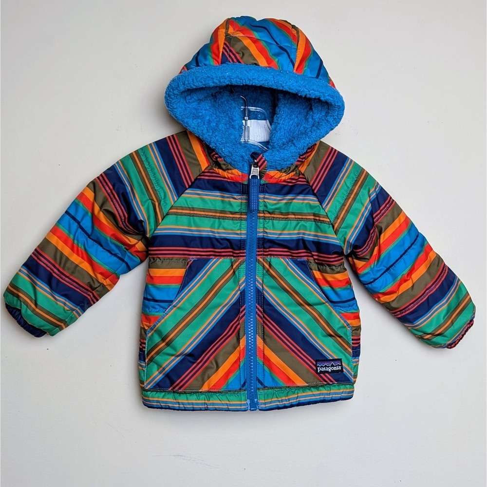 Patagonia Tribbles Jacket Reversible Fleece Hooded Striped Rainbow Blue 6 Months